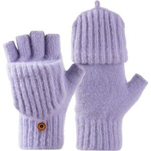 Women's Winter Warm Mittens Knitted Purple Gloves Fingerless Button Closure